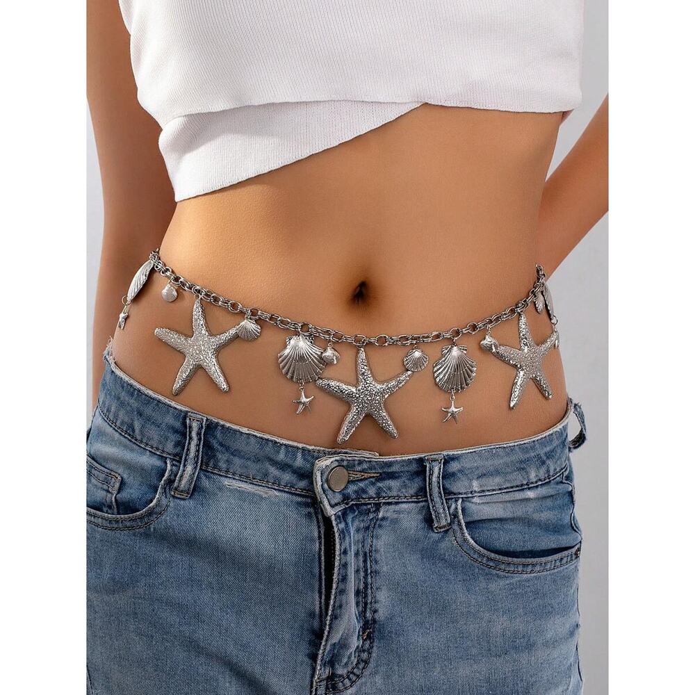 Silver Starfish & Beach Boho Fashionable Chic Seashell Waist Chain Belt